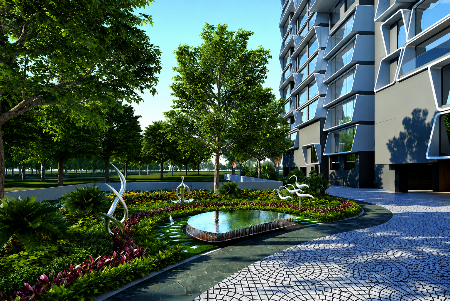 Landscaped garden and water feature beside a residential tower at Emami Aamod, New Alipore, Kolkata