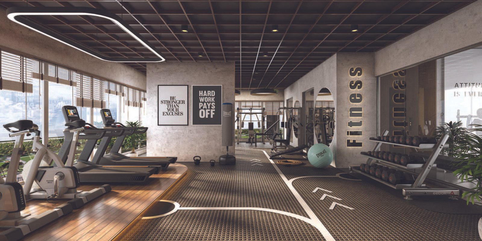 Techno-modern gymnasium with panoramic views at Emami Aamod