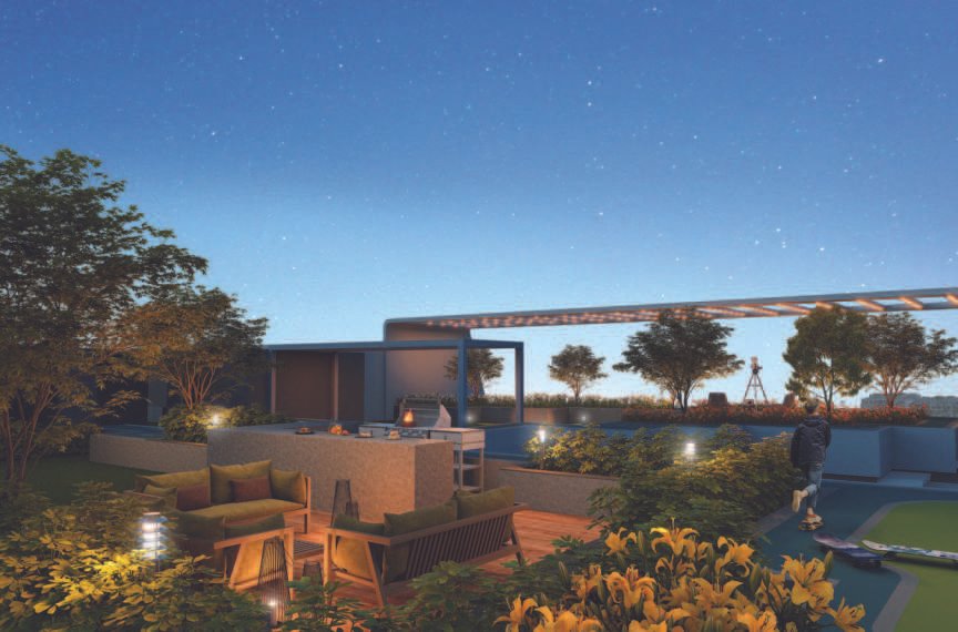 Rooftop stargazing deck at dusk at Emami Aamod